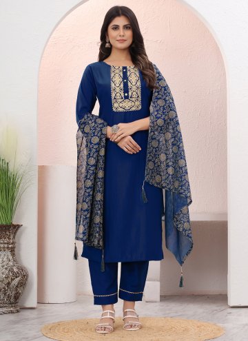 Chinon Salwar Suit in Blue Enhanced with Embroider