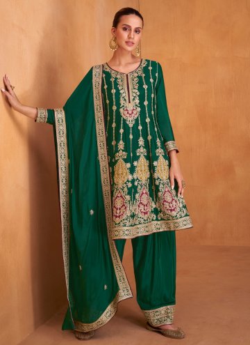 Chinon Salwar Suit in Green Enhanced with Embroide