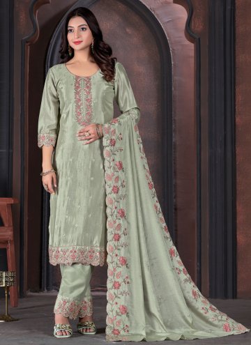 Chinon Salwar Suit in Green Enhanced with Embroide