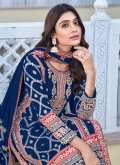 Chinon Trendy Salwar Kameez in Blue Enhanced with Embroidered - 1