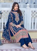 Chinon Trendy Salwar Kameez in Blue Enhanced with Embroidered - 2