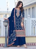 Chinon Trendy Salwar Kameez in Blue Enhanced with Embroidered - 3