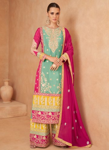 Chinon Trendy Salwar Kameez in Sea Green Enhanced with Embroidered