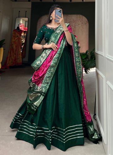 Cotton  A Line Lehenga Choli in Green Enhanced with Embroidered