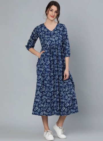 Cotton  Casual Kurti in Navy Blue Enhanced with Pr