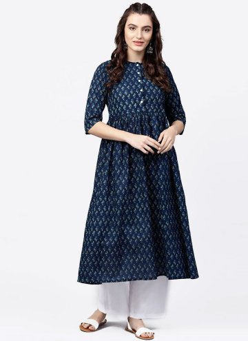 Cotton  Casual Kurti in Navy Blue Enhanced with Pr