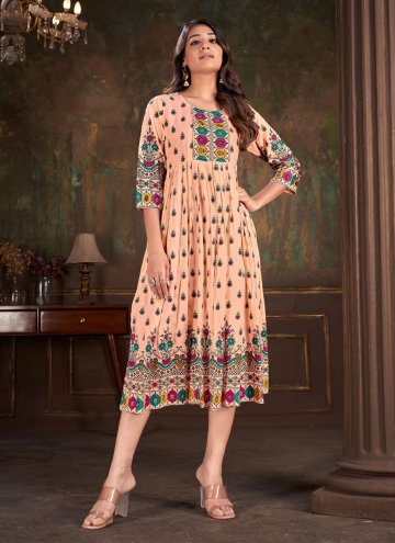 Cotton  Casual Kurti in Peach Enhanced with Printed
