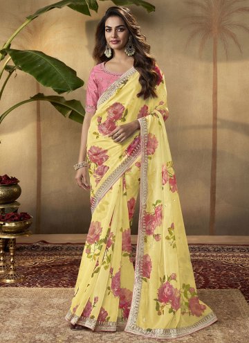 Cotton  Contemporary Saree in Yellow Enhanced with Digital Print