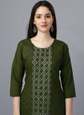 Cotton  Designer Kurti in Green Enhanced with Embroidered - 1