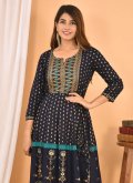 Cotton  Gown in Navy Blue Enhanced with Printed - 1