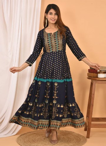 Cotton  Gown in Navy Blue Enhanced with Printed