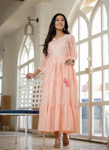Cotton  Gown in Peach Enhanced with Embroidered