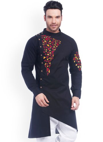 Cotton  Kurta in Black Enhanced with Embroidered