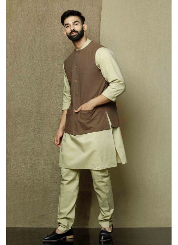 Cotton  Kurta Payjama With Jacket in Green Enhanced with Plain Work