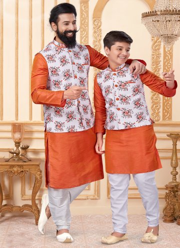 Cotton  Kurta Payjama With Jacket in Off White and Orange Enhanced with Printed