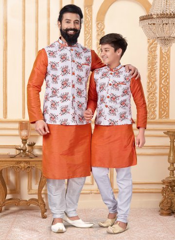 Cotton  Kurta Payjama With Jacket in Off White and Orange Enhanced with Printed