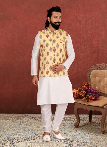 Cotton  Kurta Payjama With Jacket in Off White and Yellow Enhanced with Jacquard Work