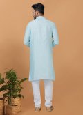 Cotton  Kurta Pyjama in Aqua Blue Enhanced with Embroidered - 4