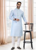 Cotton  Kurta Pyjama in Blue and Off White Enhanced with Fancy work - 1