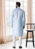 Cotton  Kurta Pyjama in Blue and Off White Enhanced with Fancy work - 2