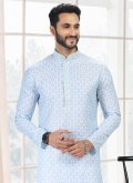 Cotton  Kurta Pyjama in Blue and Off White Enhanced with Fancy work - 3