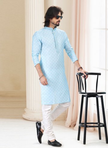 Cotton  Kurta Pyjama in Blue Enhanced with Fancy work