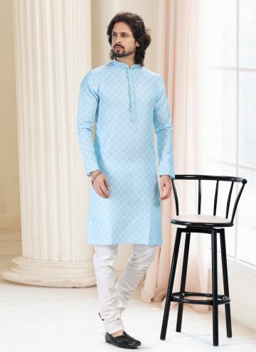Cotton  Kurta Pyjama in Blue Enhanced with Fancy w