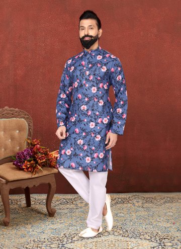 Cotton  Kurta Pyjama in Navy Blue Enhanced with Di