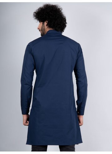 Cotton  Kurta Pyjama in Navy Blue Enhanced with Plain Work