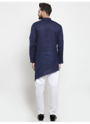 Cotton  Kurta Pyjama in Navy Blue Enhanced with Plain Work