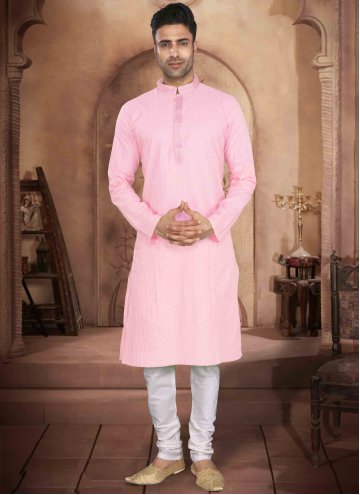 Cotton  Kurta Pyjama in Pink Enhanced with Print