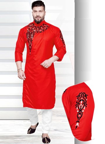 Cotton  Kurta Pyjama in Red Enhanced with Resham Work