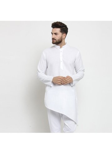 Cotton  Kurta Pyjama in White Enhanced with Plain 