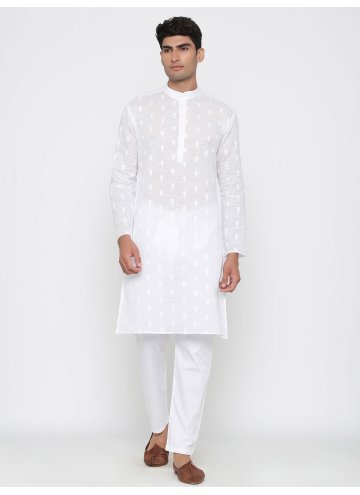 Cotton  Kurta Pyjama in White Enhanced with Plain Work
