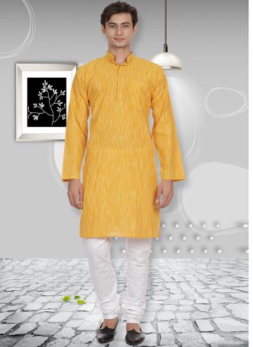Cotton  Kurta Pyjama in Yellow Enhanced with Plain Work