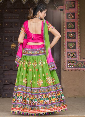 Cotton  Lehenga Choli in Green Enhanced with Embroidered