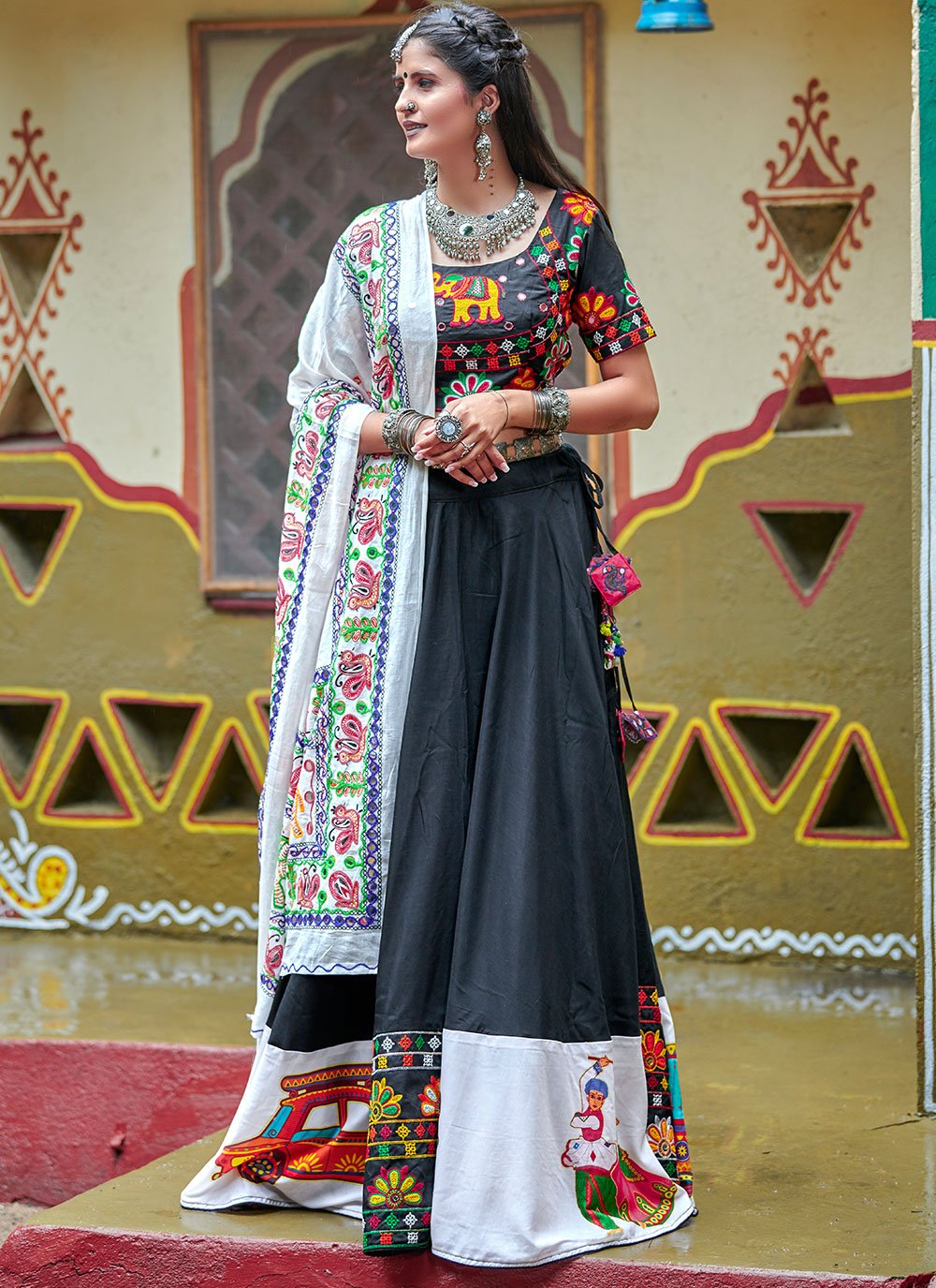 Cotton  Navratri Special in Black Enhanced with Embroidered