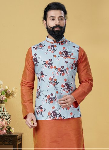 Cotton  Nehru Jackets in Sea Green Enhanced with Printed