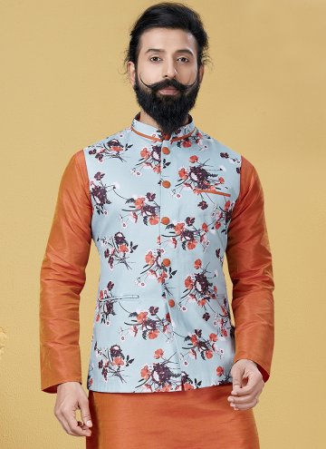 Cotton  Nehru Jackets in Sea Green Enhanced with Printed