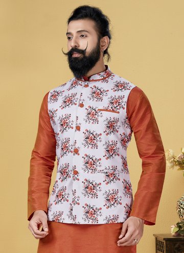 Cotton  Nehru Jackets in White Enhanced with Printed