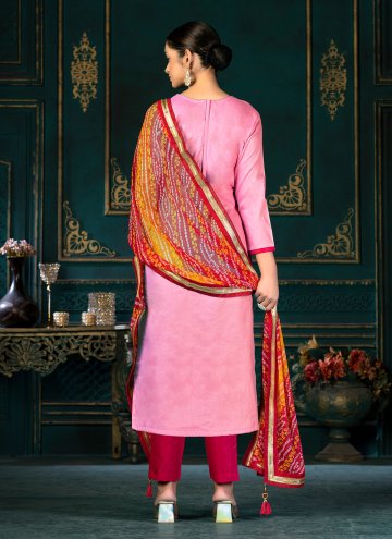 Cotton  Pant Style Suit in Pink Enhanced with Designer