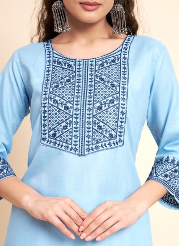 Cotton  Party Wear Kurti in Aqua Blue Enhanced with Embroidered