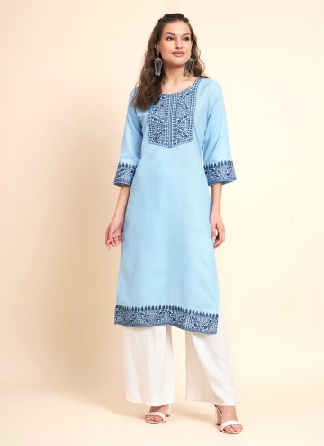 Cotton  Party Wear Kurti in Aqua Blue Enhanced with Embroidered