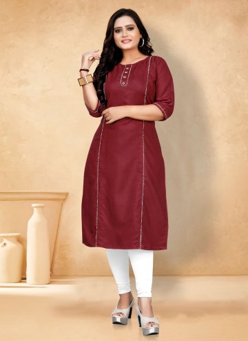Cotton  Party Wear Kurti in Maroon Enhanced with Plain Work
