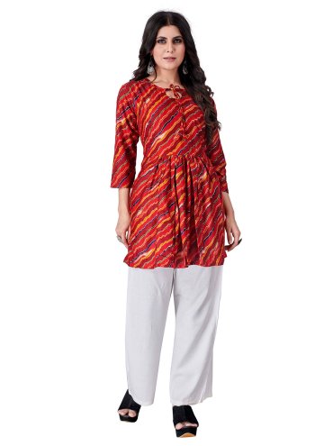 Cotton  Party Wear Kurti in Red Enhanced with Foil