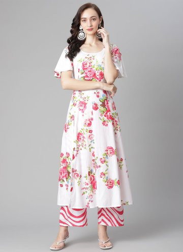 Cotton  Party Wear Kurti in White Enhanced with Printed