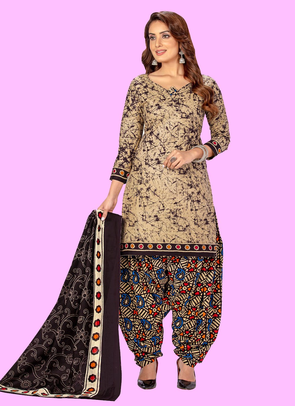 Gray and Red Printed Patiala Salwar Kameez Suit with Embroidery on Neck |  Exotic India Art