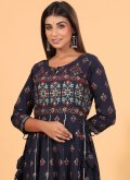 Cotton  Readymade Designer Gown in Navy Blue Enhanced with Printed - 1