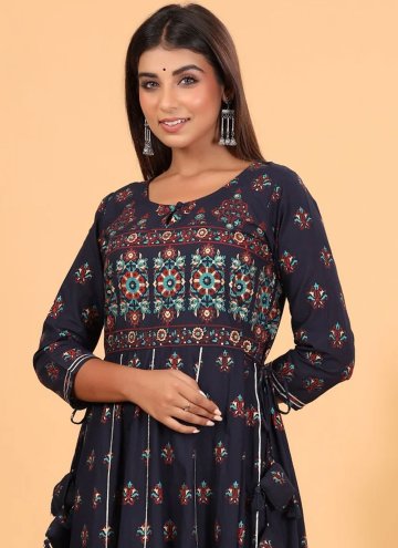 Cotton  Readymade Designer Gown in Navy Blue Enhanced with Printed