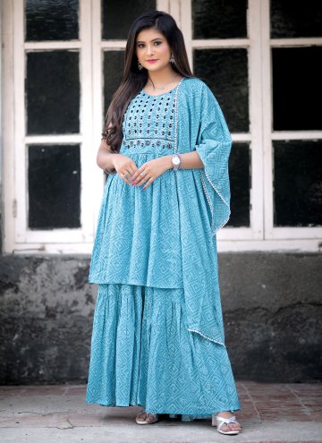 Cotton  Salwar Suit in Aqua Blue Enhanced with Emb